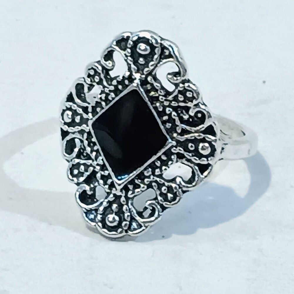 Silver Tone Filigree Black Inlay Ring-Size 6-Art Deco Revival-Gothic-Minimal